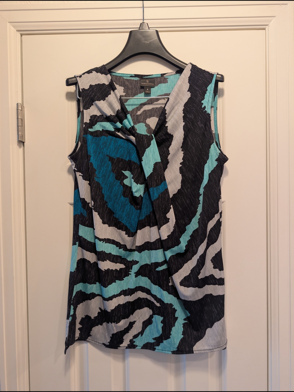 Worthington Women's Small Sleeveless Twist-Front Camisole in Black, Teal & White
